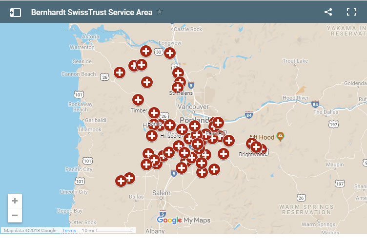 Google Map of Our Service area Bernhardt Swisstrust Appraisal Portland Oregon